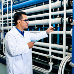 A professional water engineer, fully clothed in a modest lab coat and safety glasses, meticulously inspecting advanced reverse osmosis membranes within a state-of-the-art desalination plant. The background features intricate piping, pressure gauges, and clean, bright industrial lighting, emphasizing precision and technological advancement. Perfect anatomy, correct proportions, natural pose, well-formed hands, proper finger count, natural body proportions. Safe for work, appropriate content, fully clothed, professional photography, high quality.