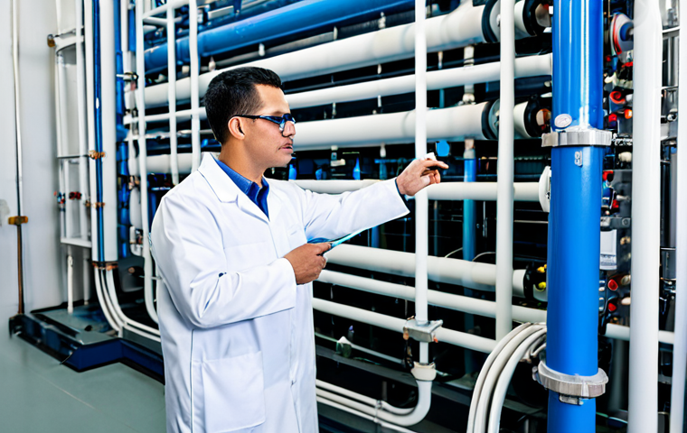 A professional water engineer, fully clothed in a modest lab coat and safety glasses, meticulously inspecting advanced reverse osmosis membranes within a state-of-the-art desalination plant. The background features intricate piping, pressure gauges, and clean, bright industrial lighting, emphasizing precision and technological advancement. Perfect anatomy, correct proportions, natural pose, well-formed hands, proper finger count, natural body proportions. Safe for work, appropriate content, fully clothed, professional photography, high quality.