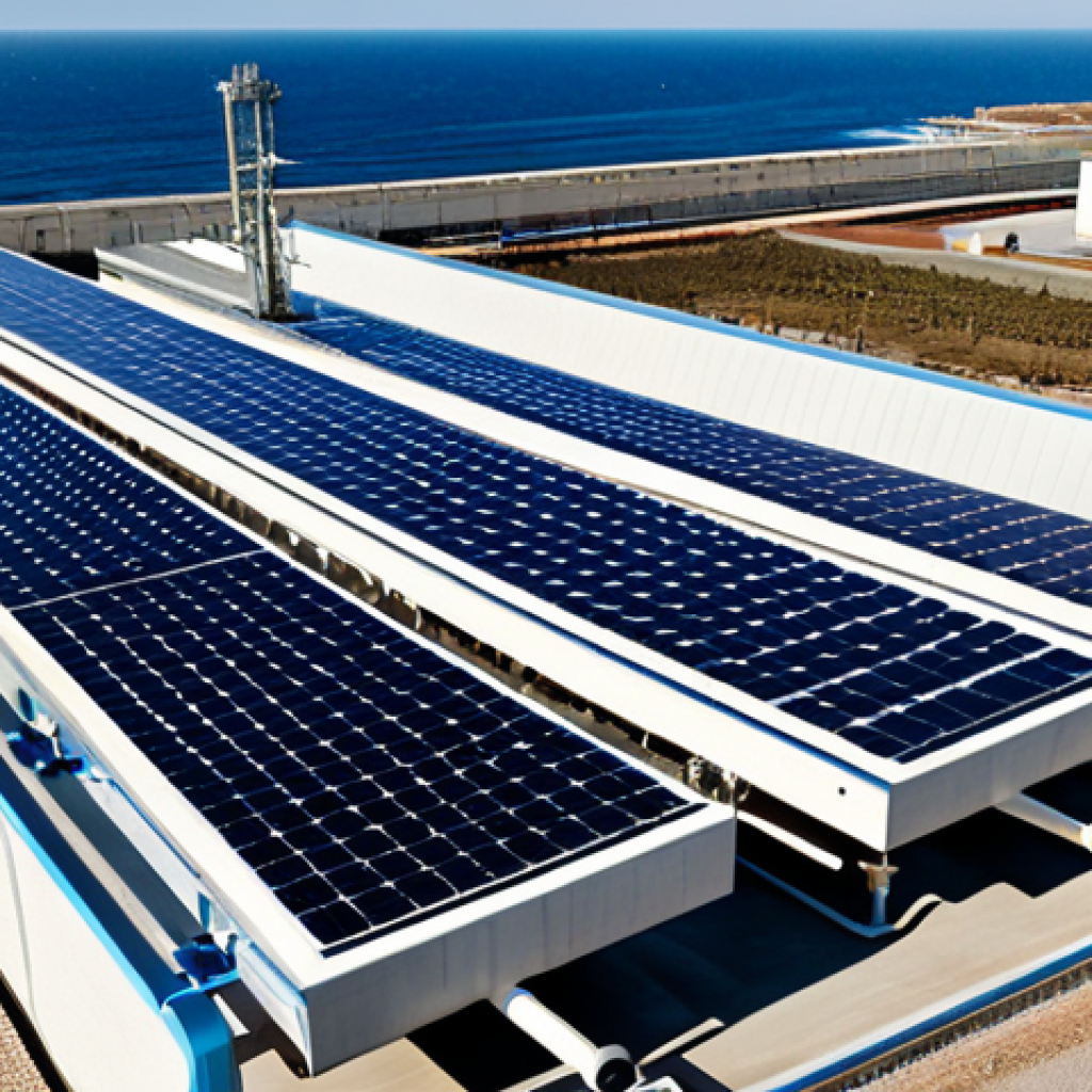 Sustainable Desalination Plant**
"A modern desalination plant integrated with solar panels, situated on the Spanish coast. The plant features advanced membrane technology and sustainable brine management systems. Focus on clean energy integration and environmental responsibility. Safe for work, appropriate content, fully clothed, professional. Perfect anatomy, correct proportions, natural pose, high quality, professional photography."
**