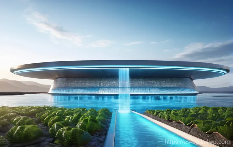해수 담수화의 피드백 시스템 활용 - **"A visually stunning, futuristic AI-driven desalination plant at a serene coastal location. The pl...