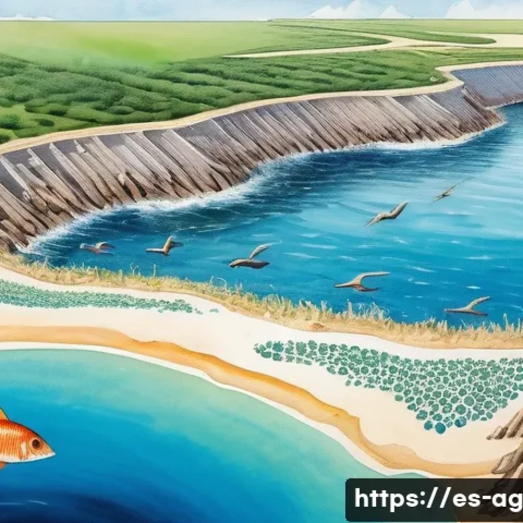 해수 담수화의 위험 요소 및 주의사항 - A detailed coastal ecosystem scene illustrating the environmental impact of seawater desalination: s...