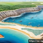 Home 22 해수 담수화의 위험 요소 및 주의사항 - A detailed coastal ecosystem scene illustrating the environmental impact of seawater desalination: s...