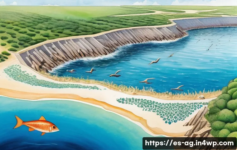 해수 담수화의 위험 요소 및 주의사항 - A detailed coastal ecosystem scene illustrating the environmental impact of seawater desalination: s...