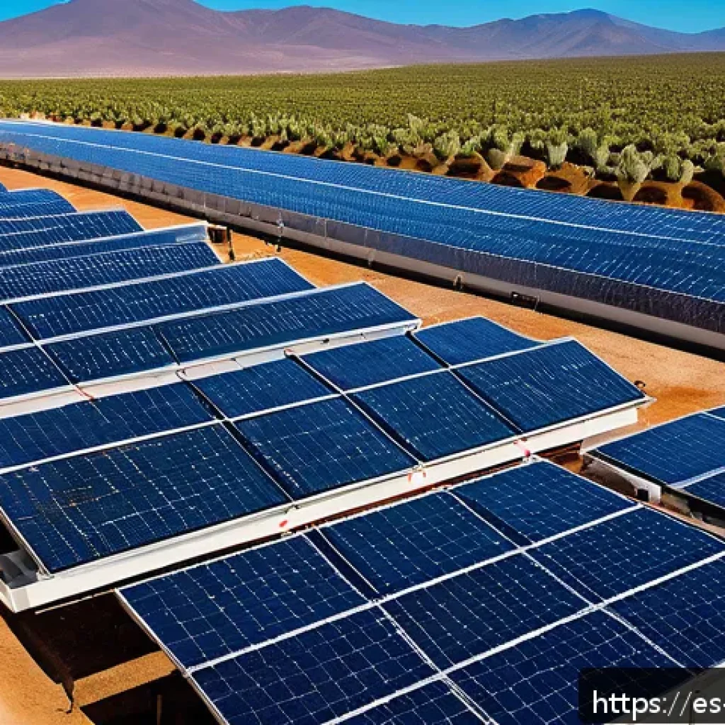 해수 담수화 기술의 혁신적 사례 - A modern desalination plant in a sunny rural Latin American landscape, featuring sleek solar panels ...