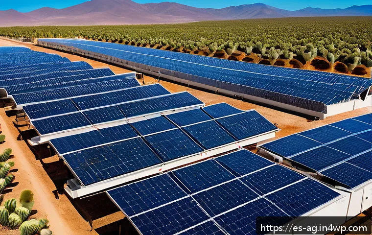 해수 담수화 기술의 혁신적 사례 - A modern desalination plant in a sunny rural Latin American landscape, featuring sleek solar panels ...