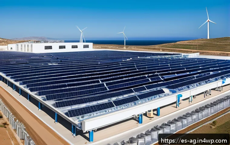해수 담수화와 수자원 관리의 중요성 - A modern desalination plant located on a sunny coastal area in Spain, featuring large solar panels a...