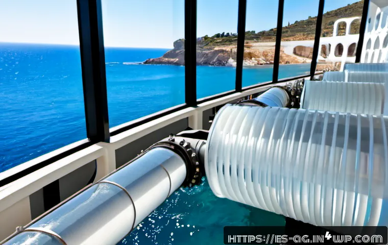 해수 담수화의 필터 기술 최신 동향 - Photorealistic close-up of advanced seawater desalination membrane technology in a bright coastal re...